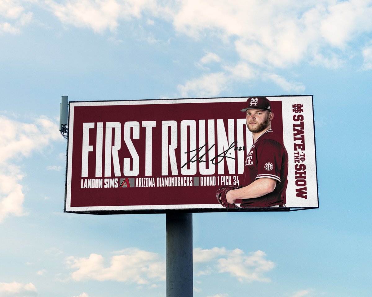 HailStateBB's tweet photo. Coming 🔜 to a city near you 👀

We’re celebrating @landoosims becoming Mississippi State’s 9th first round pick in the last 11 years with billboards in Starkville, Phoenix &amp; Cumming, GA! 

#StateToTheShow | #HailState🐶 https://t.co/Dgks21vjhA