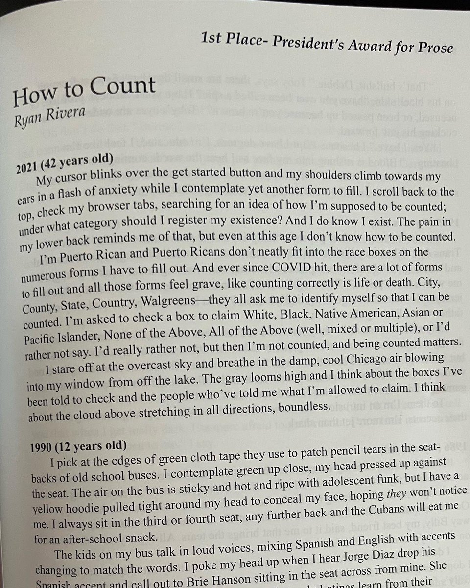 ryanorivera's tweet photo. I am beyond thrilled to share that my essay, ���How To Count,” has been published in Voices, the lit mag at MSU Texas. And to add to the excitement, it was also awarded the first place President’s Award for Prose. I’m so honored and over the moon. @msutexas #writer https://t.co/76BmklP8f2