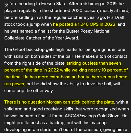 Darryl_Zero's tweet photo. Zach Morgan, the Fresno State catcher that the Giants took in Rnd 7, is the type of prospect that I was thinking of when I tweeted this morning that the best value on Day 2 for the Giants should be college position players. Really good value so late in the Draft. Scout report: https://t.co/D4Cy8Y4rT3