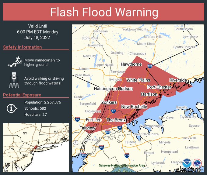 This graphic displays a flash flood warning plotted on a map. The warning is in effect until 6:00 PM EDT. The warning includes The Bronx NY, Yonkers NY and New Rochelle NY.  This warning is for Southern Fairfield County in southern Connecticut, Southeastern Bergen County in northeastern New Jersey, Bronx County in southeastern New York, New York (Manhattan) County in southeastern New York and Southern Westchester County in southeastern New York. Avoid walking or driving through flood waters! Move immediately to higher ground! There are 2,257,376 people in the warning along with 582 schools and 27 hospitals.