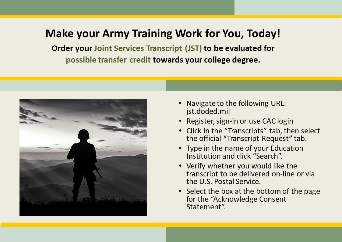 ArmyUniversity's tweet photo. Make your Army Training Work for You, Today!
Order your Joint Services Transcript (JST) to be evaluated for possible transfer credit towards your college degree.
#ArmyIgnitED #ArmyEdBenefits #JointServiceTranscript #JST #ArmyEdCenter #Readiness @USArmy @TRADOC @usacac https://t.co/D5F5nlicjM
