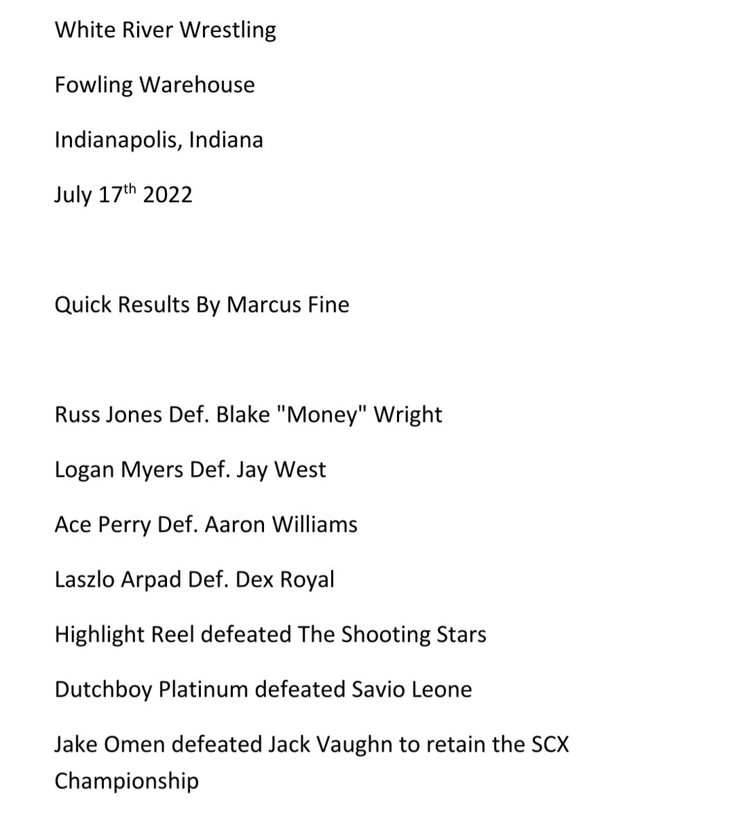 Quick Results from yesterday's <a href="/WhiteRiverWres/">WhiteRiverWrestling</a> show