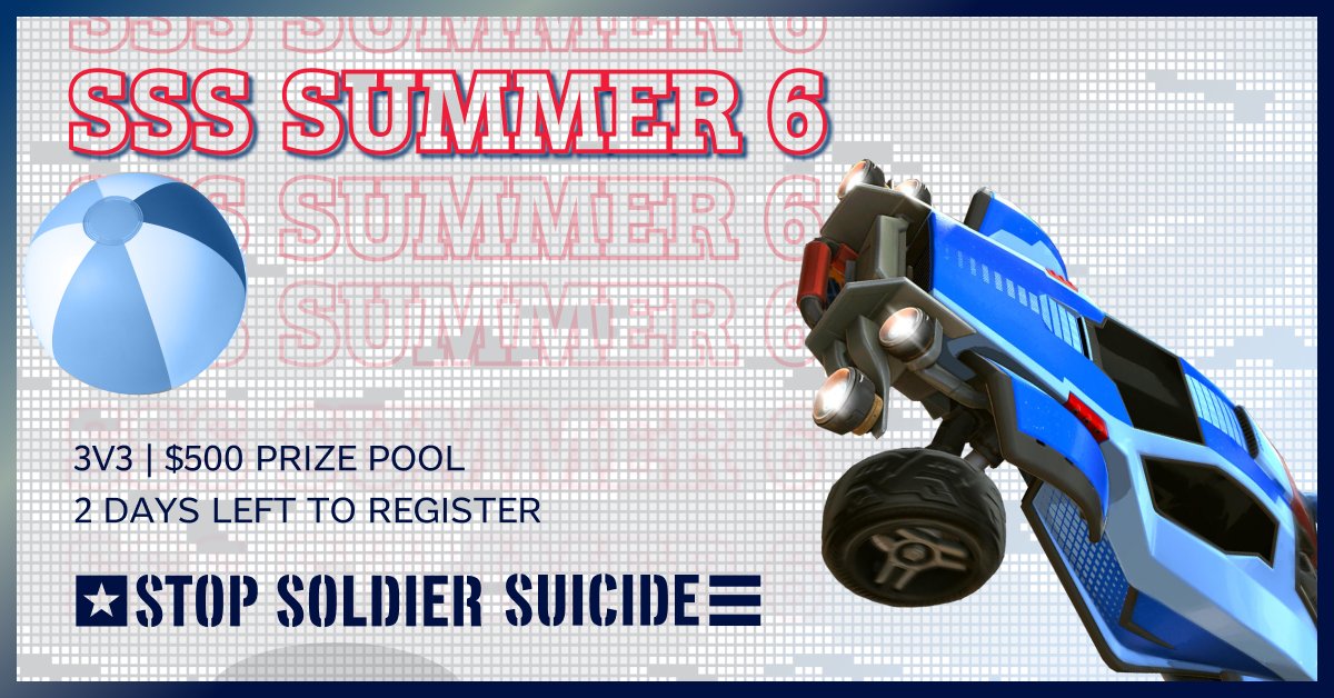 SoldierSuicide's tweet photo. Only 2 more days to secure your spot in our #RocketLeague 3v3 tournament. 
Cohosted by @TitlOne with a $500 prize pool 

Register: https://t.co/RYOc3E2CBO
Consider donating: https://t.co/HitXc97zTh

#Summer6 #Military #Veterans #MentalHealth https://t.co/ouo3rMvN0E