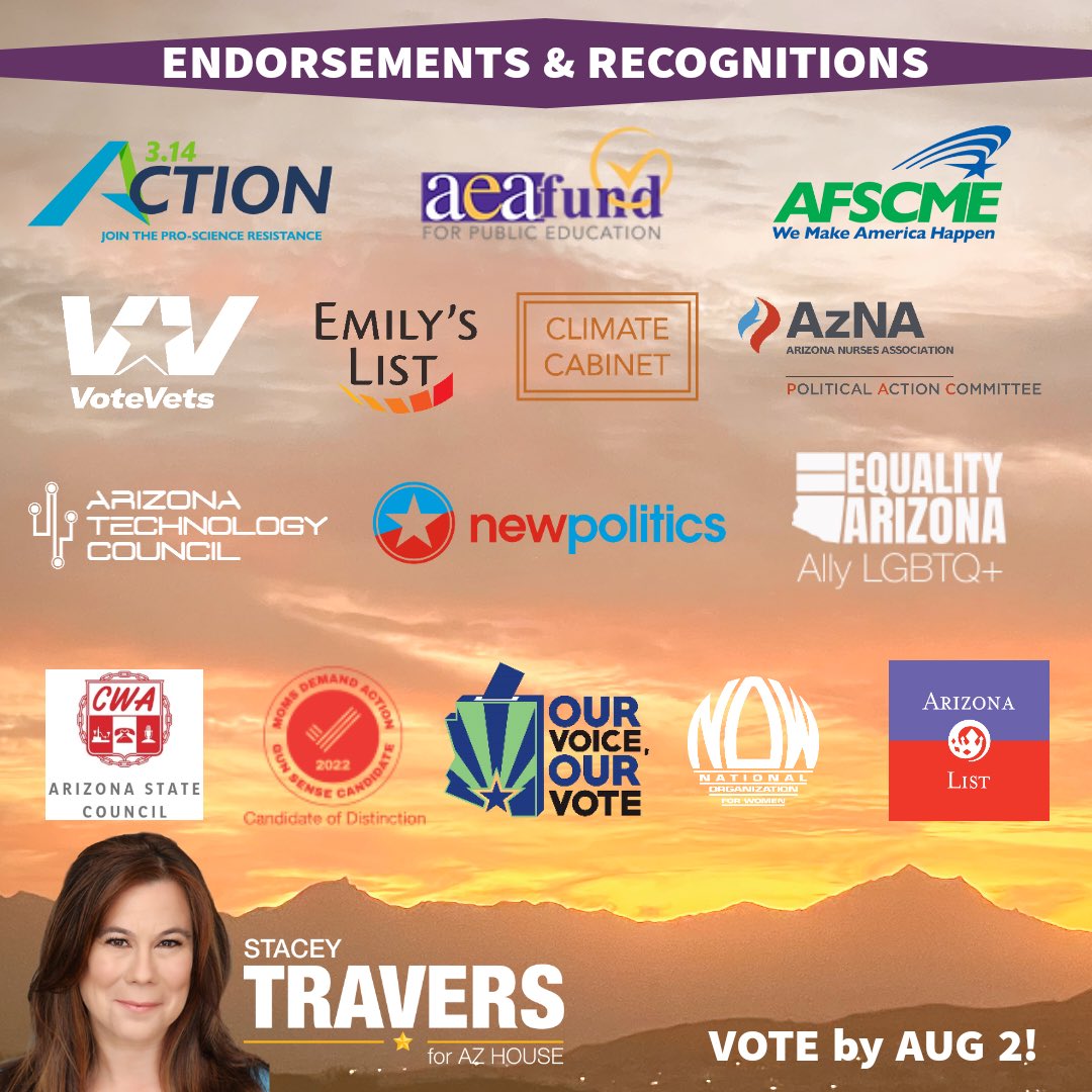 TraversforAZ's tweet photo. A few more endorsements came in, and... We're still the most endorsed campaign in this race!
Voting has begun, and we can't take it for granted.
Be sure to (vote for Stacey) mail back your ballots by July 26 or vote in person by August 2!
#TraversforAZ #MidTerms2022 #voteherin https://t.co/ErmRlTBV6v