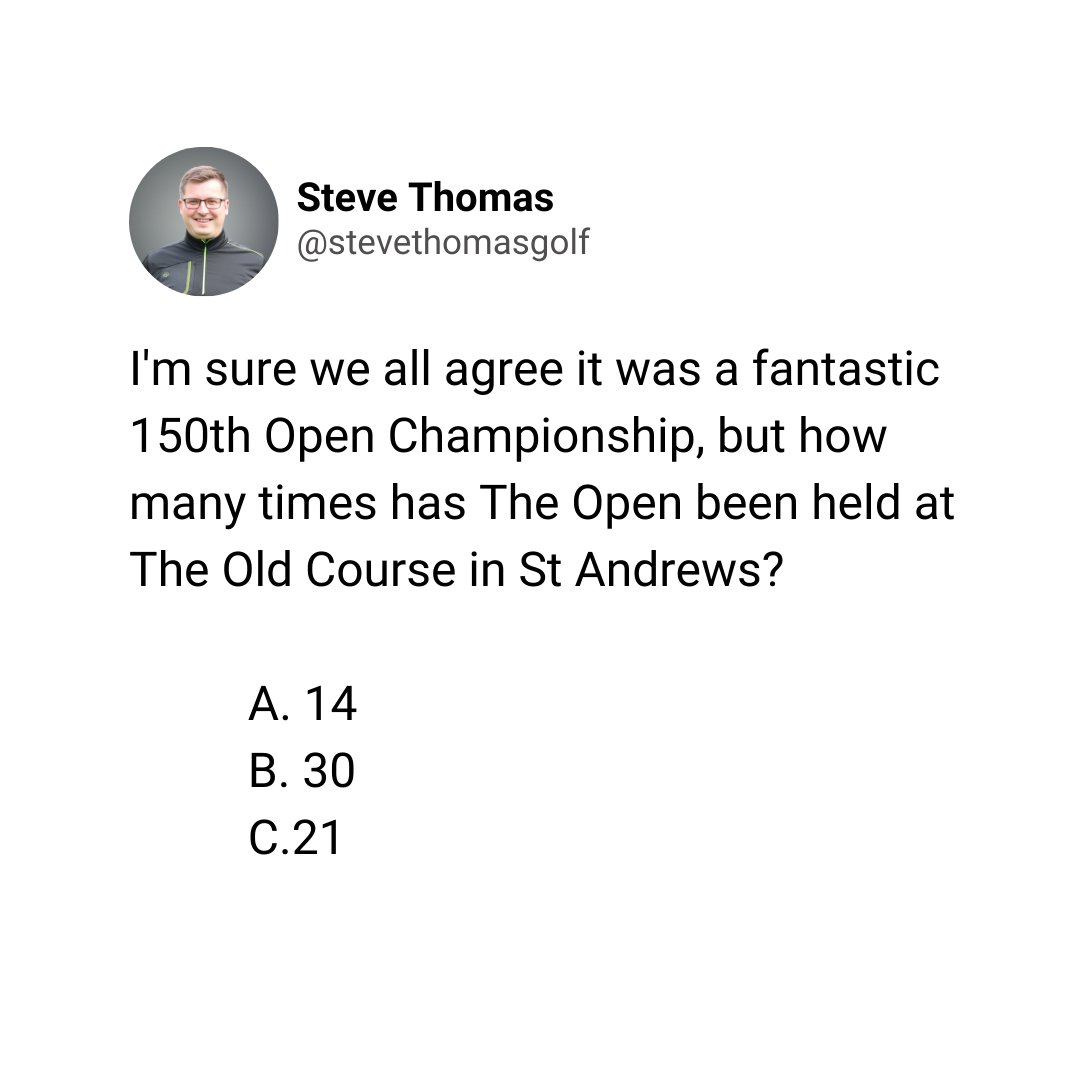 Once again, it’s been a great tournament at The Old Course at St. Andrews. How many times has The Open taken place there?

Follow me @stevethomasgolf

#golf #golfer #golfing #golfswing #golftips #golfadvice #golfpro #pgapro #pgatour #theopen #golflife #stevethomasgolf