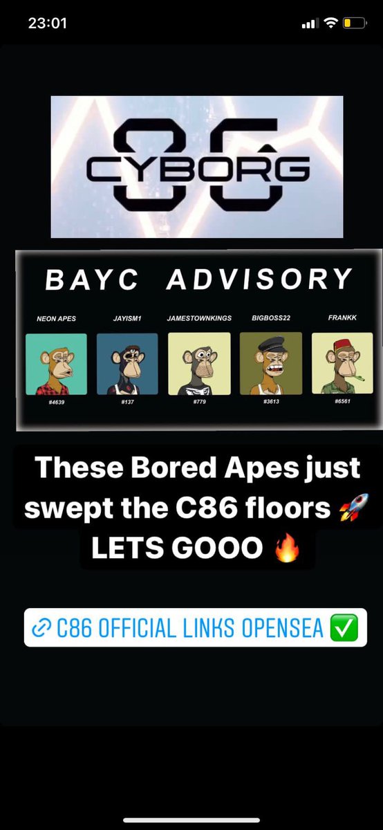 Jamestownkings's tweet photo. @ArtvisionNFT #BAYC members are making huge traction at @Cyborg86nft 

We recently added: 
DAO ✅
Cybank reward dispensary ✅
Verified on OpenSea ✅
New leadership team✅
5 BAYC advisory board members ✅

#nft #bayc #cyborgs #wagmi #LFG https://t.co/QFWxEuA2Il