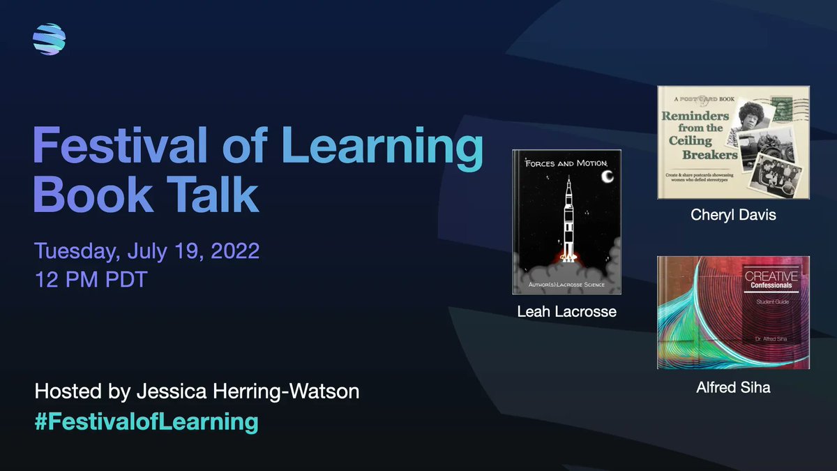 Don't miss the last ADE Book Talk for this year's #FestivalofLearning -- tomorrow, 7/19 at 12 pm PDT. Cheryl Davis, <a href="/LLacrosse/">Levi LaCrosse</a> &amp; @alfredsiha will share books they've created with and for their learners. Link to register for this free session: buff.ly/3P9AV2A #AppleEDUchat