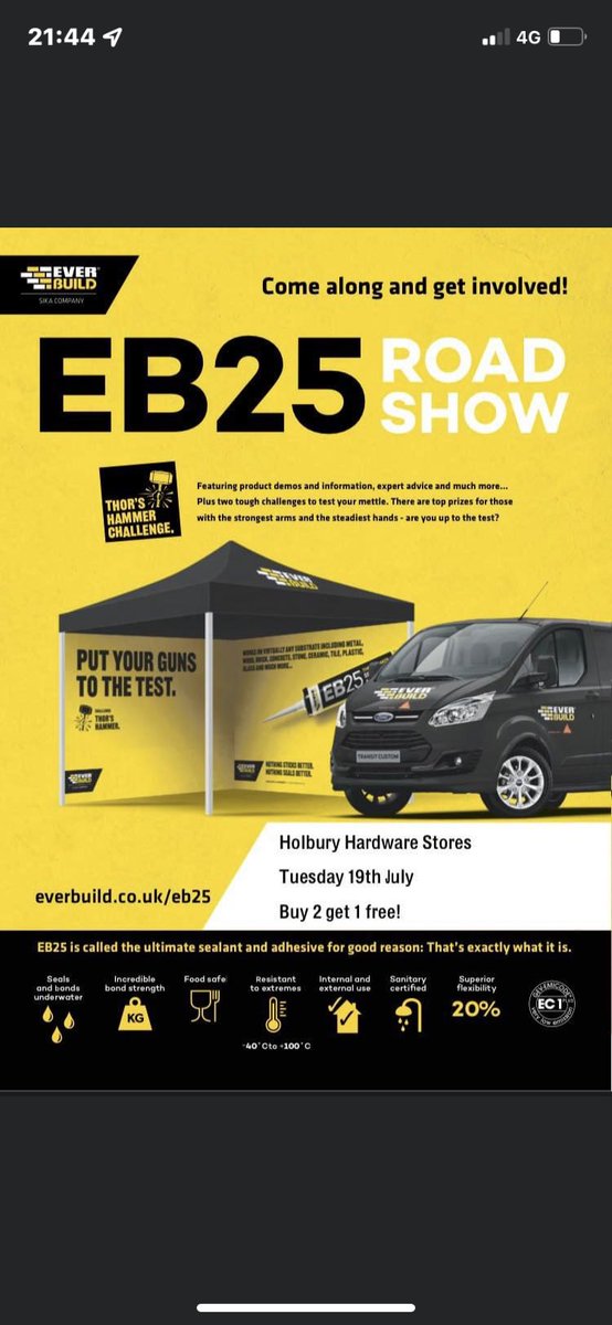 holburyhardware's tweet image. Tomorrow 19th July, Everbuild will be giving special product demonstrations with 10% off all everbuild products. Plus we will have fantastic offers on gas and charcoal bbqs, gazebo’s and party tents!!#everbuild @holburyhardware