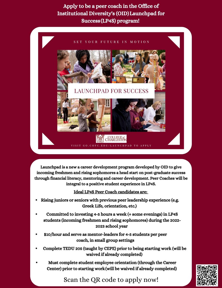 Are you an experienced student leader who enjoys mentoring your peers? 

Learn more about the Peer Coach role and LP4S by visiting go.cofc.edu/launchpad or check out The College Today's article about the program's recent launch. 
Handshake Link lnkd.in/gWcA4vzt