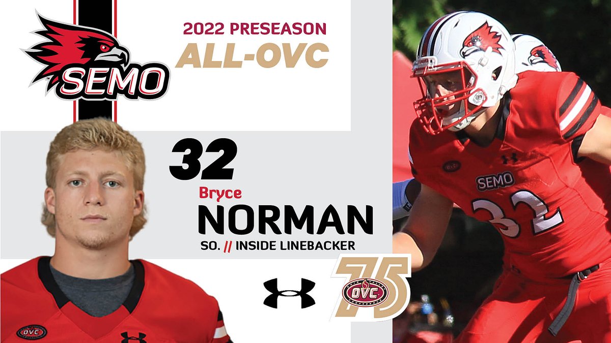 SEMOfootball's tweet photo. 2022 PRESEASON ALL-OVC linebacker Bryce Norman led SEMO with 66 tackles as a true freshman. Norman was a finalist for the Stats Perform Jerry Rice Award. He added 7.5 tackles for loss and started the final seven games of 2021. https://t.co/4jcG70zBMc