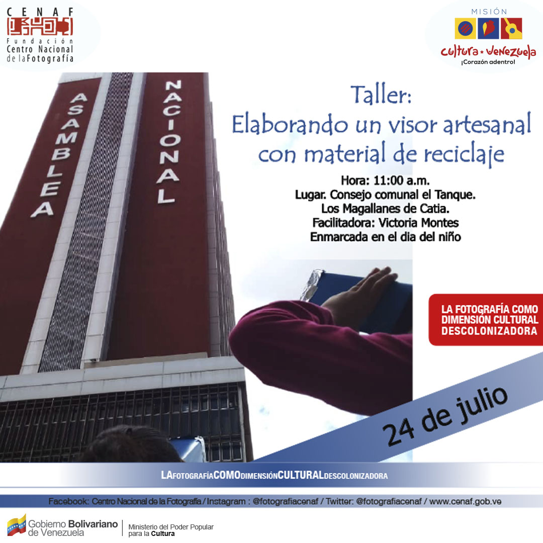 ✨Te invitamos este #24Jul al Taller de Elaboración del Visor Fotográfico con Material Reciclaje, que se impartirá en el Consejo Comunal El Tanque, en los Magallanes de Catia, a cargo de la facilitadora Victoria Montes.

¡No te lo pierdas!

#NoPodránConVenezuela