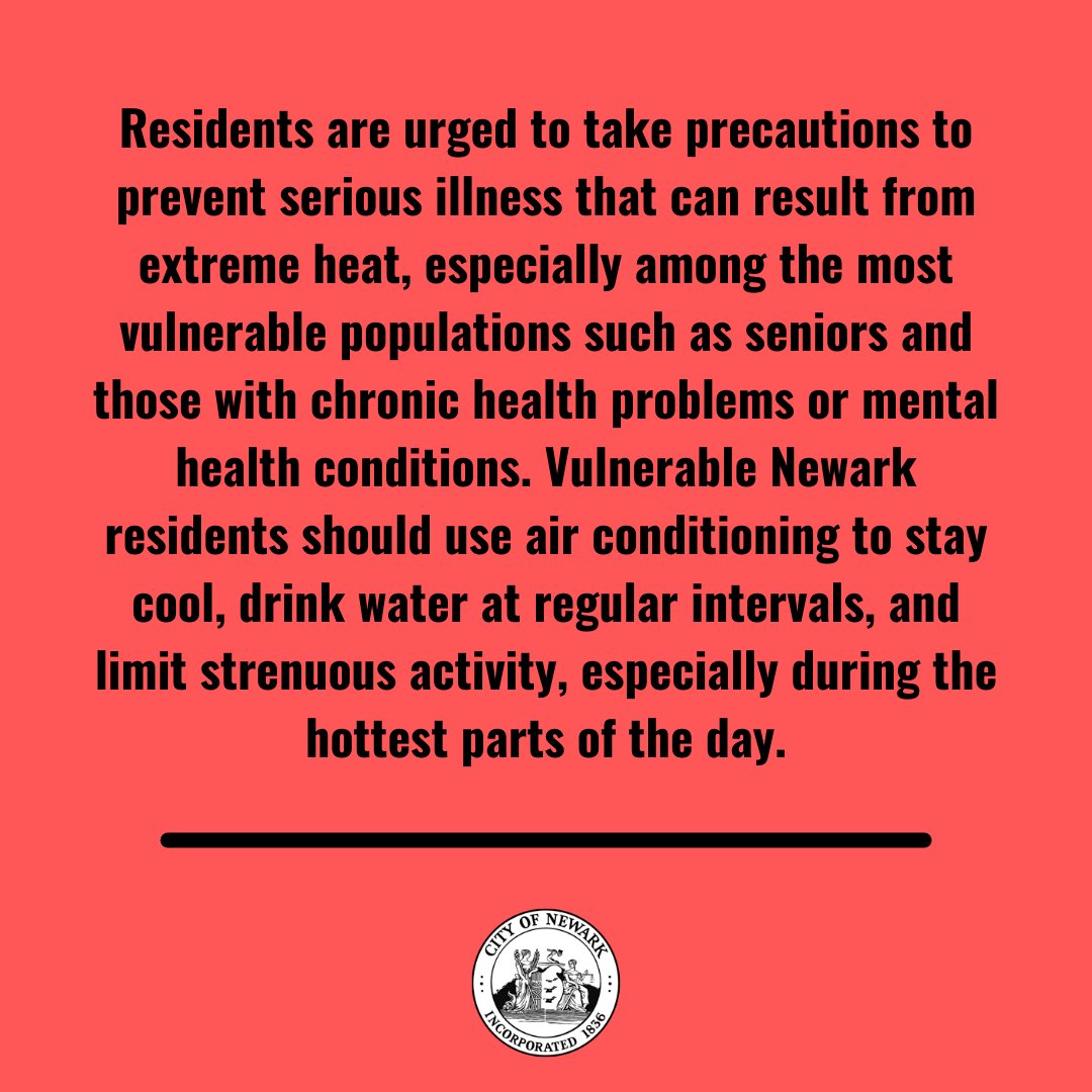 CityofNewarkNJ's tweet image. The City of Newark is activating a CODE RED for tomorrow, Tuesday, July 19 through Saturday, July 23. Temperatures are expected to rise into the mid to high 90s with a temperature as high as 96°F and a heat index as high as 101°F.