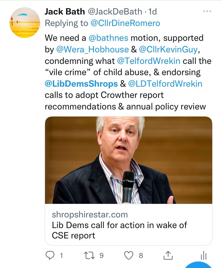 Rochdale: Shabir Ahmed, paedophile - welfare-rights officer Oldham Council

Telford: Graham Bould, paedophile - Chair of Shropshire County Council’s Social Services

<a href="/bathnesld/">BathNES Liberal Democrats 🔶</a>: Please ask @CllrKevinGuy to lead from the front; to show moral &amp; political gumption

Bring the motion