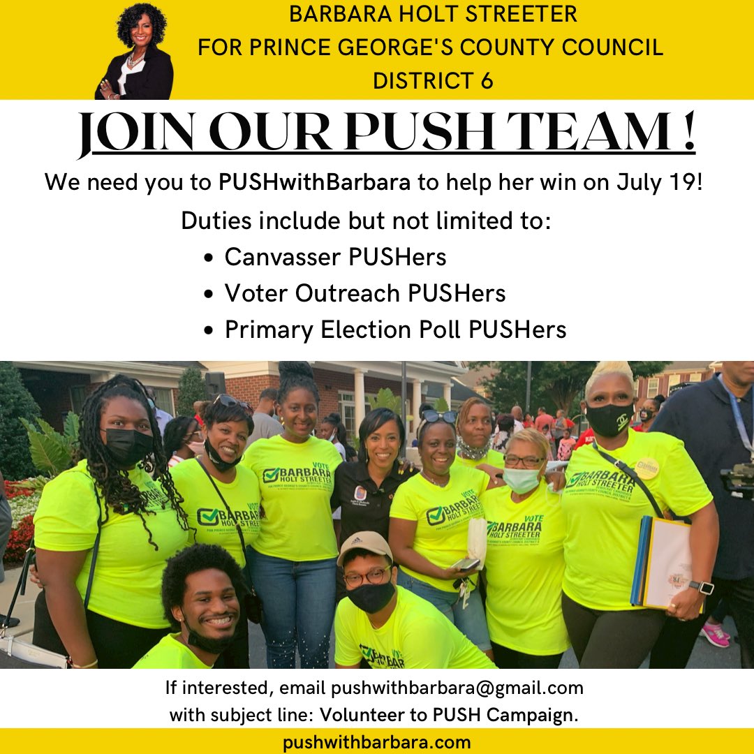 pushwithbarbara's tweet photo. WE NEED YOU to help Barbara WIN TOMORROW!! She wants to be the NEXT #District6 Prince George’s County Council Member. 

Students will be able to receive community service hours. Click the link in our bio to sign up to #Volunteer at the Polls and become a #PUSHer! https://t.co/b1XB5PPsrY