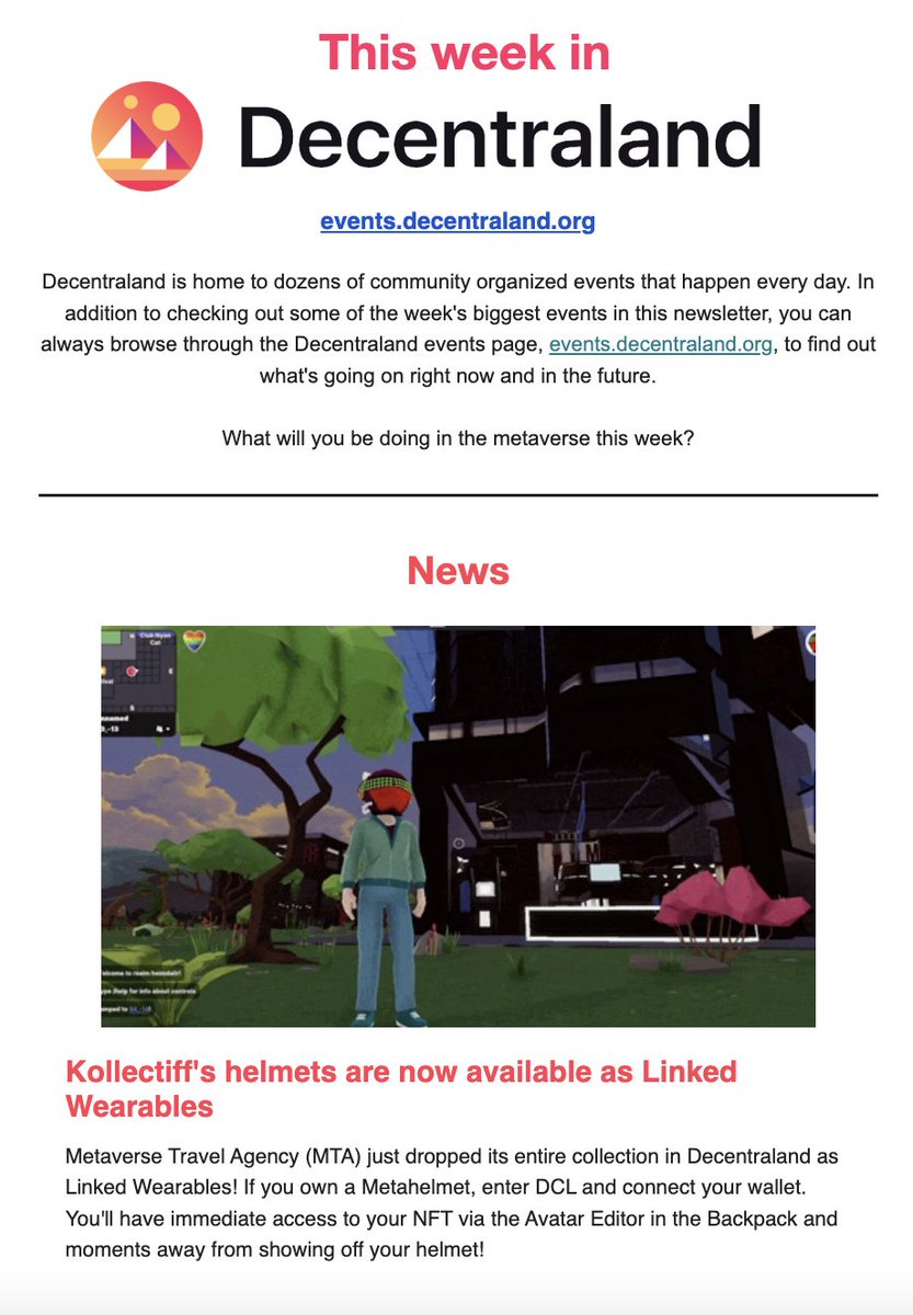 The release of the <a href="/theMTAofficial/">Metaverse Travel Agency (MTA)</a> wearable helmet release has been featured in the <a href="/decentraland/">Decentraland</a> weekly newsletter! #nft #nftcommunity