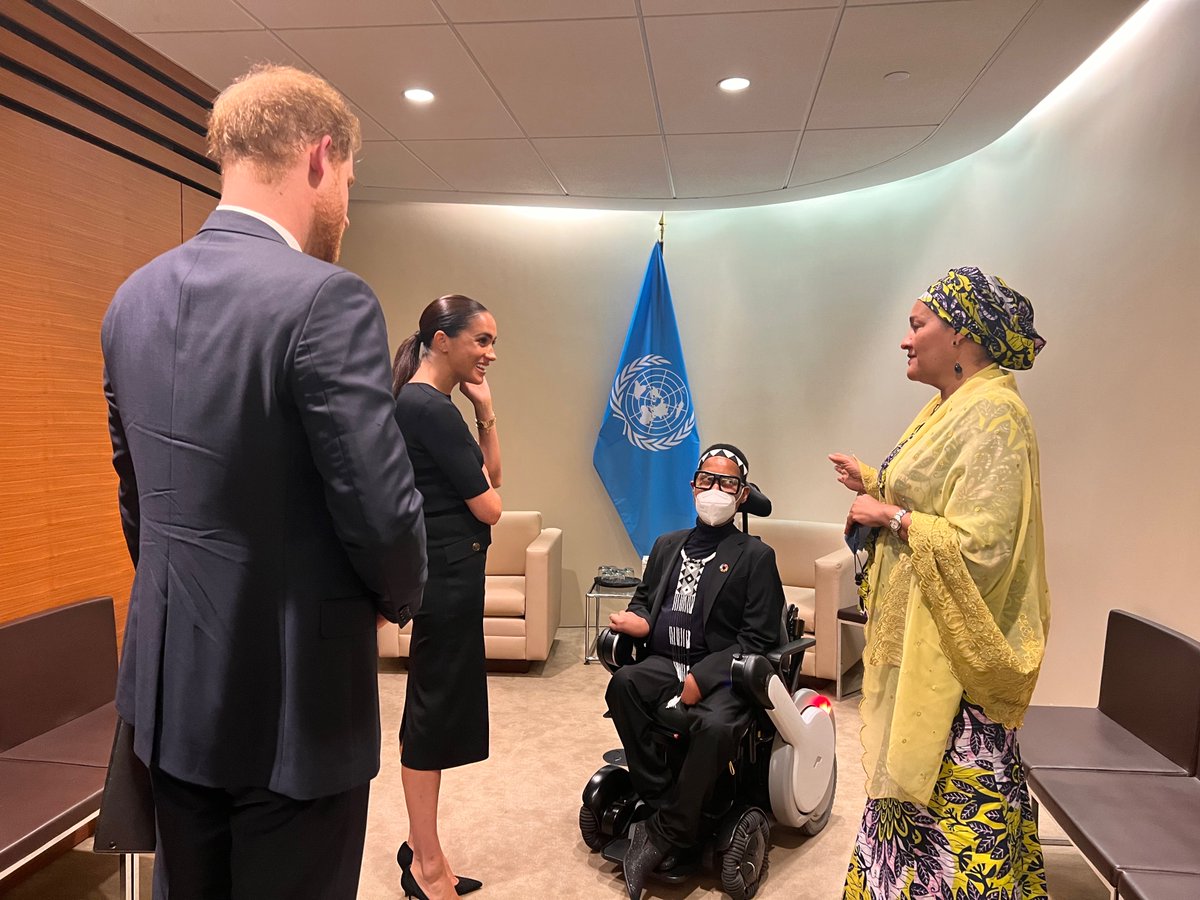 Receiving the Duke and Duchess of Sussex today at the <a href="/UN/">United Nations</a> along with our incredible #SDGAdvocate, <a href="/eddiendopu/">Eddie Ndopu</a> of South Africa on #MandelaDay.

Together, we reaffirmed our shared vision of putting people and planet at the centre of the Sustainable Development Goals.