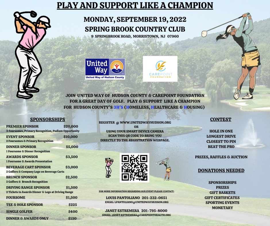Be a champion for the fight against homelessness and help your community get access to quality healthcare resources. Join us <a href="/unitedwayhudson/">United Way Hudson Co</a> and @carepointfoundation on September 19 at #springbrookcountryclub in Morristown NJ.  
Scan the QR code and REGISTER ONLINE. #golf2022