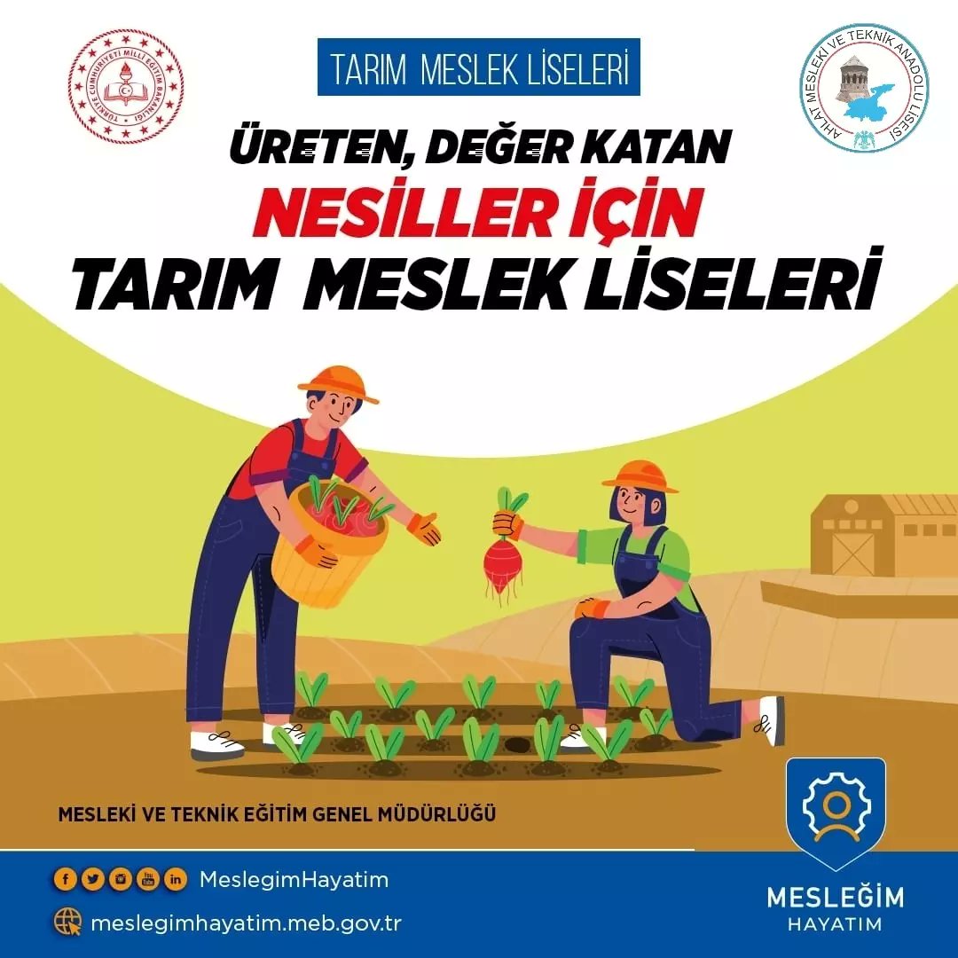 Müjde Ahlat ilçemizin en önemli geçim kaynağı Tarım ve Hayvancılıktır. <a href="/tcmeb/">Millî Eğitim Bakanlığı</a> kararı ile okulumuz bünyesinde (PROJE) TARIM ALANI açılmıştır. Bu alana yerleşebilmek için DİPLOMA NOTU değil LGS PUANIYLA tercih yapılması gerekiyor.
#İnsanlığınKaderiTarım <a href="/Korkmazemin49/">Mehmet Emin KORKMAZ</a>
@fikretdag01