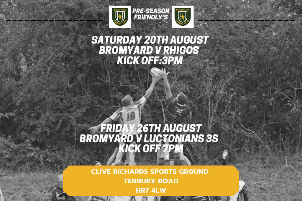 Come down and watch the men's team get ready for the upcoming season with these two HOME friendly fixtures . One touring side and one local side both will create great atmosphere for the spectators! 🏉
#BRFC #Bromyard #BromyardRugby #PreSeason #1stVX #Mensrugby