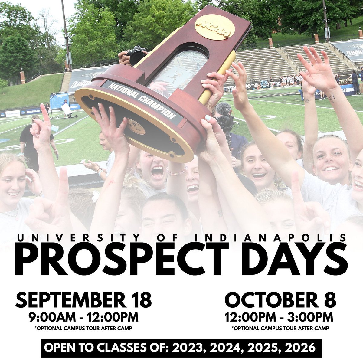 Interested in playing college lacrosse with the National Champions? 

The University of Indianapolis will be hosting two prospect days this fall. Open to the classes of 2023, 2024, 2025 &amp; 2026. 

Sign up below! ⬇️

camps.jumpforward.com/wlacrosseprosp…