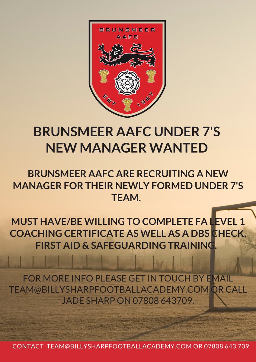 An exciting opportunity has arisen for our newly formed under 7’s team. We are looking for a new manager to look after our expected high level team. Please get in touch for more information. ⚽️🥅🧤 @billysharp10