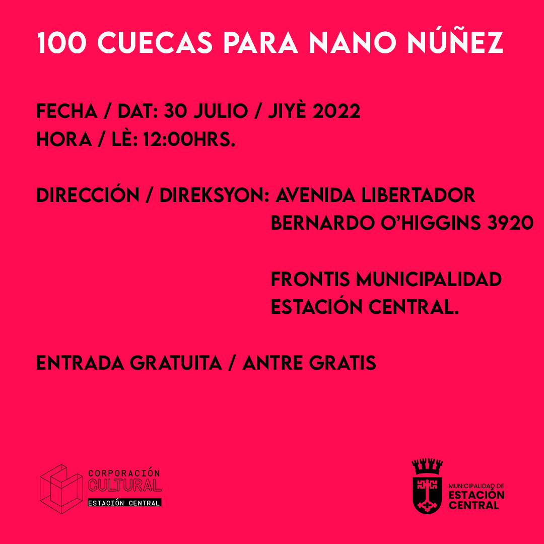 🎼 100 CUECAS PARA NANO NÚÑEZ 🎵

¡Ahora sí! Nueva fecha para la primera versión del festival “100 Cuecas para Nano Núñez”. Contaremos con la presencia de grandes músicos cuequeros y feria de emprendedores.

¡No se lo pierdan!