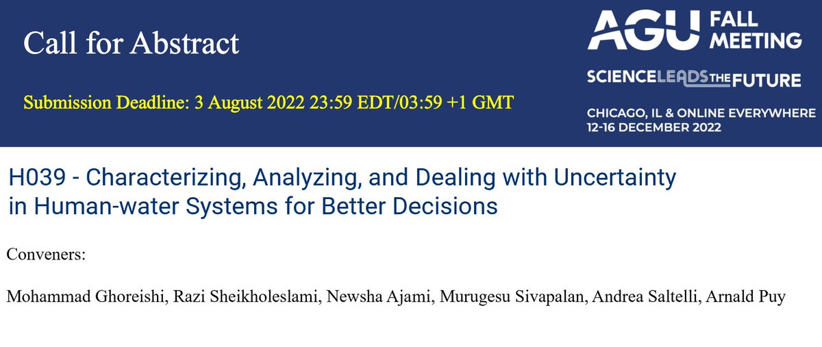 Mohammad Ghoreishi (@mo_ghoreishi) on Twitter photo It is time of the year to become ready for #AGU2022 ! Please do not forget to submit your abstracts to our session:
agu.confex.com/agu/fm22/preli…
<a href="/RaziOptimus/">Razi Sheikholeslami</a> <a href="/NewshaAjami/">Newsha Ajami</a> @AndreaSaltelli <a href="/arnaldpuy/">arnald puy</a> It is time of the year to become ready for #AGU2022 ! Please do not forget to submit your abstracts to our session:
agu.confex.com/agu/fm22/preli…
<a href="/RaziOptimus/">Razi Sheikholeslami</a> <a href="/NewshaAjami/">Newsha Ajami</a> @AndreaSaltelli <a href="/arnaldpuy/">arnald puy</a>
