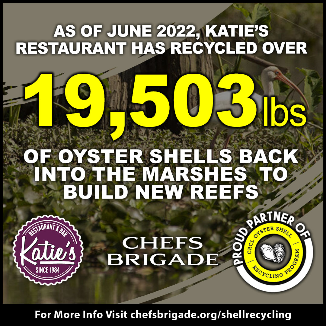 Chefs Brigade (@chefbrigade) on Twitter photo As of June, Chefs Brigade member <a href="/katiesmidcity/">Katie's Restaurant</a> has recycled 19,503 pounds of oyster shells back into Louisiana marshes, helping to build new reefs and protect eroding shorelines. To find out more about becoming part of this program, visit crcl.org/oyster-shell-r… As of June, Chefs Brigade member <a href="/katiesmidcity/">Katie's Restaurant</a> has recycled 19,503 pounds of oyster shells back into Louisiana marshes, helping to build new reefs and protect eroding shorelines. To find out more about becoming part of this program, visit crcl.org/oyster-shell-r…