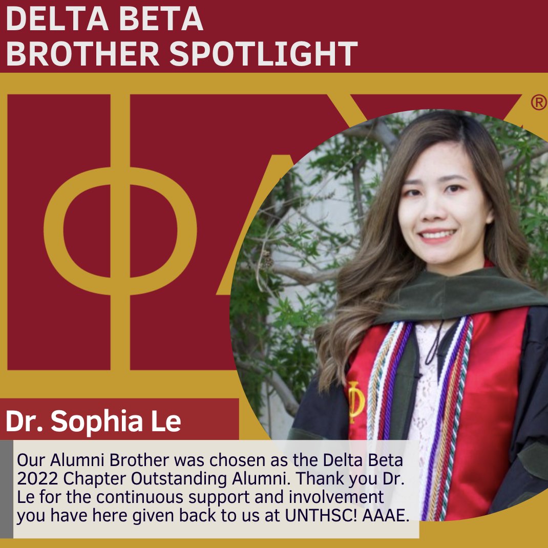 PDC_DeltaBeta's tweet photo. The Brothers of Delta Beta are excited to spotlight our 2022 Outstanding Alumnus Awardee, Dr. Sophia Le! 🤩Please read her nomination below, as published in the Communicator. #HSCProud #PhiDex #AAAE https://t.co/i6xNWz9t4k