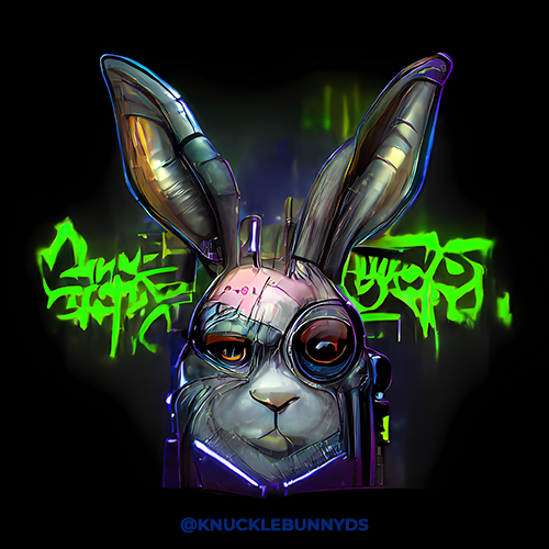 The Burrows are busy and we're gettin real close to the big day...here's a #sneakpeek of one of the #CyberPunk bunnies from from the Neon Row burrow...
#NFTCommunity #SolanaNFTs #NFTdrop #NFTgiveaways #KBDS #KnuckleBunnyDeathSquad