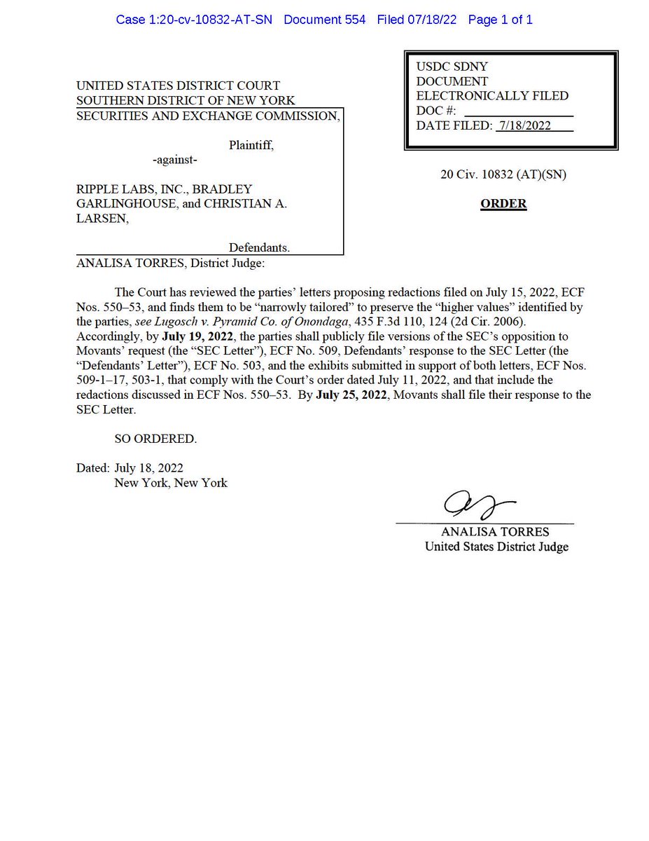 FilanLaw's tweet photo. #XRPCommunity #SECGov v. #Ripple #XRP Court approves parties' sealing requests regarding amici motion to participate in challenge to SEC expert. Unsealed versions must be filed by tomorrow, July 19th.  Amici must reply to SEC objection to their participation by Monday, July 25th. https://t.co/fCjNQ3MrPZ