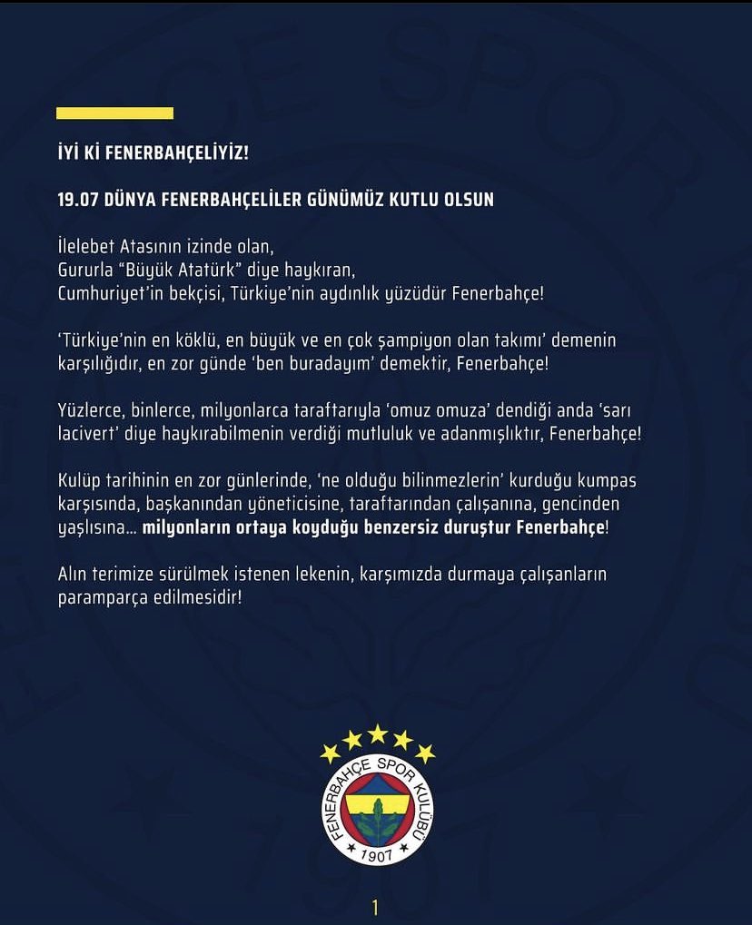 emrenasuh10's tweet photo. Fenerbahçe’li olmak bir mücadele vermek demektir.Fenerbahçe mücadele eder,Fenerbahçe pes etmez.
Fenerbahçe bir direniş takımıdır.
İyi ki Fenerbahçe 💛💙 https://t.co/jWa1SbyzIM