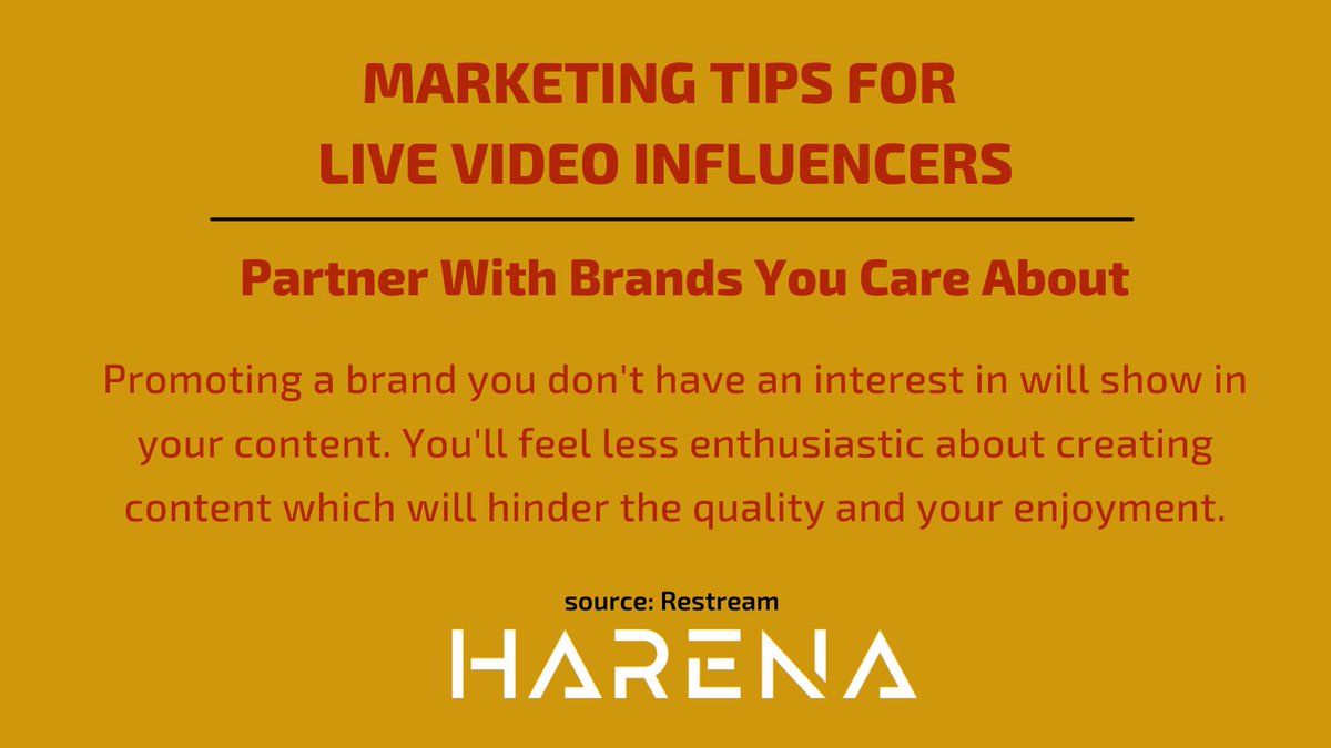 As an live video influencer it's important to make sure you actually care about the brands you choose to support. It's very important that if feels authentic for you and the brand. 
source: <a href="/Restreamio/">Restream</a> 
#streaming 
#eSports