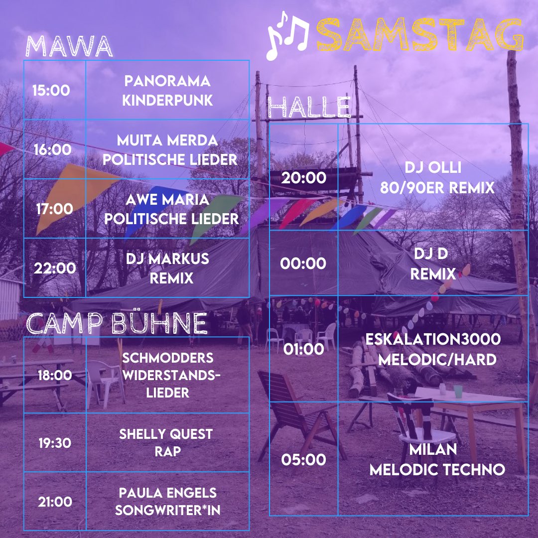 MaWaLuetzerath's tweet image. Am Samstag geht es um 14:00 mit Kino los, ab 15:00 an der Mahnwache Musik, ab 18:00 auch auf der Campbühne und die Nacht wird lang in der Halle.

Nachmittags gibt es Kasperletheater an der Eibenkapelle und ein Street Act mit Strolch.

Dazu Workshops, Vorträge, Kletterskillshare.
