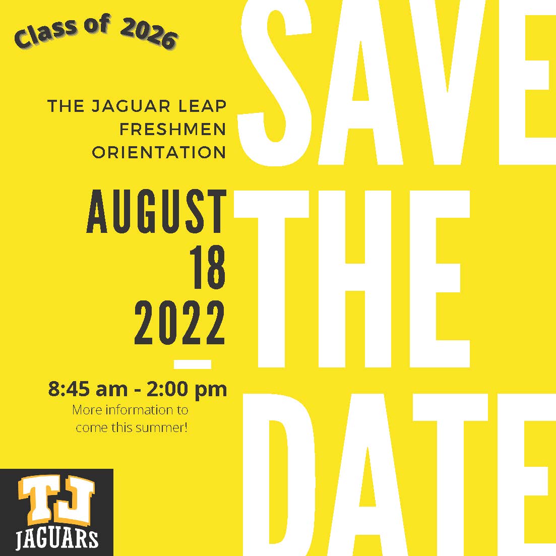 wjhsd's tweet photo. #Jaguar LEAP freshmen orientation for @TJHSJaguars  Class of 2026 is a month away! All 9th graders will be welcomed in an event organized &amp; run by #TJ students on Thurs, 8/18. The day incl. a club &amp; activities fair.
More info. to come; we're excited to meet the freshmen! #WErTJ https://t.co/ZTuKkvYT7I