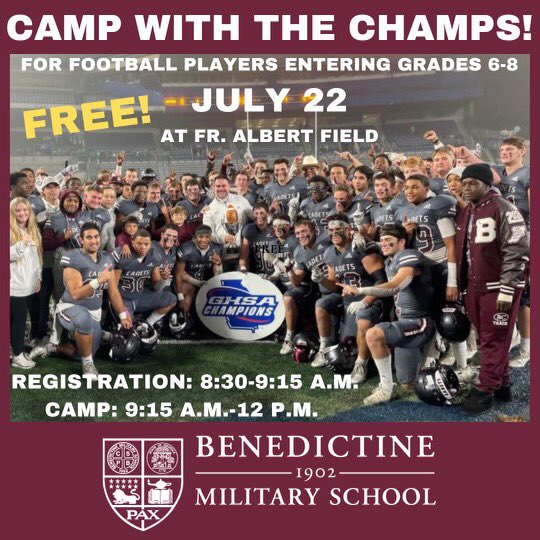 BC_Football1902's tweet photo. Come CAMP With THE CHAMPS this Friday, July 22nd at Fr. Albert Field from 8:30 AM - 12 PM! Campers need to bring sneakers and cleats! Food will be provided! We are encouraging all campers to pre-register by using the following link! https://t.co/J3COTPGddh https://t.co/X0dmW5YN45