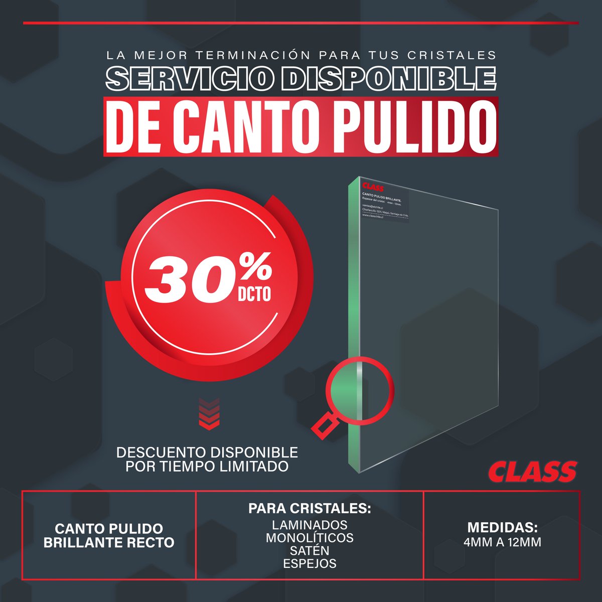 ClassChile_SA's tweet photo. Canto pulido brillante con un 30% de descuento para distintos tipos de cristales.
✅ Laminados
✅ Monolíticos
✅ Satén
✅ Espejos
¡Cotiza con nosotros!
Visita nuestra página web https://t.co/6eCwfHZSAm
#termopanel #cierre #rinox #terminaciones #classchile #CantoPulido https://t.co/aCuJtmnSnJ