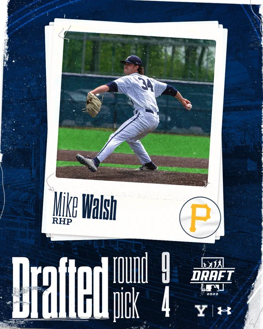 Mike Walsh drafted Round 9 Pick 4 Pittsburgh PIrates; action photo of Mike Walsh pitching for Yale