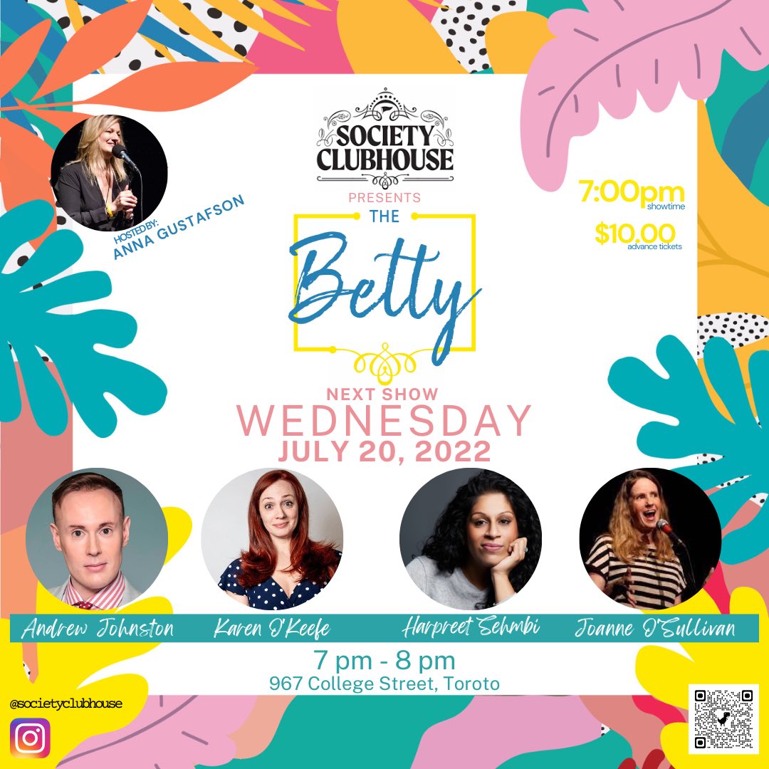 Wednesday is The Betty! Lineup is bananas w. Karen O’Keefe, Harpreet Sehmbi, Joanne O’Sullivan (prepping for Stratford) &amp; in town for a hot minute from LA, Andrew Johnston.  I host! #thebetty