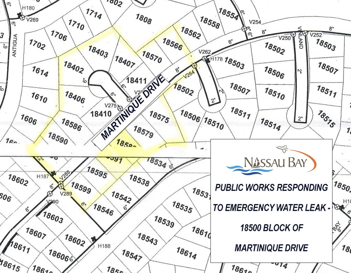 The City of Nassau Bay Public Works Department is conducting an emergency water leak repair on the 18500 block Martinique Drive.
While repairs are being conducted, water service may be interrupted to approximately 15-20 surrounding residences on Martinique.