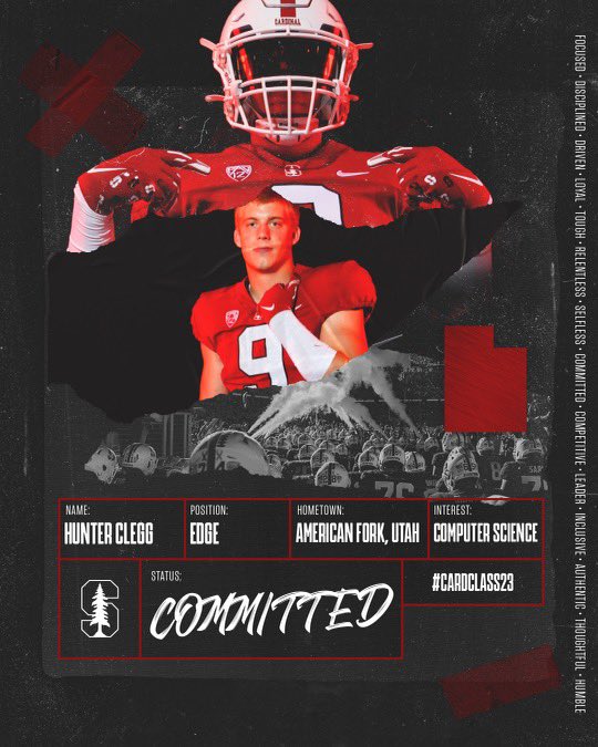 Hunter Clegg (@hunterclegg) on Twitter photo Committed! Thank you to all of the coaches that recruited me. It was a tough decision, but Stanford is home! <a href="/StanfordFball/">Stanford Football</a> <a href="/CoachDavidShaw/">David Shaw</a> <a href="/CoachL_Anderson/">Lance Anderson</a> <a href="/AlphaRecruits15/">Will Snowden</a> <a href="/alpha_lbu/">Jason Bowman</a> <a href="/cavemanfootball/">American Fork Caveman Football</a> Committed! Thank you to all of the coaches that recruited me. It was a tough decision, but Stanford is home! <a href="/StanfordFball/">Stanford Football</a> <a href="/CoachDavidShaw/">David Shaw</a> <a href="/CoachL_Anderson/">Lance Anderson</a> <a href="/AlphaRecruits15/">Will Snowden</a> <a href="/alpha_lbu/">Jason Bowman</a> <a href="/cavemanfootball/">American Fork Caveman Football</a>