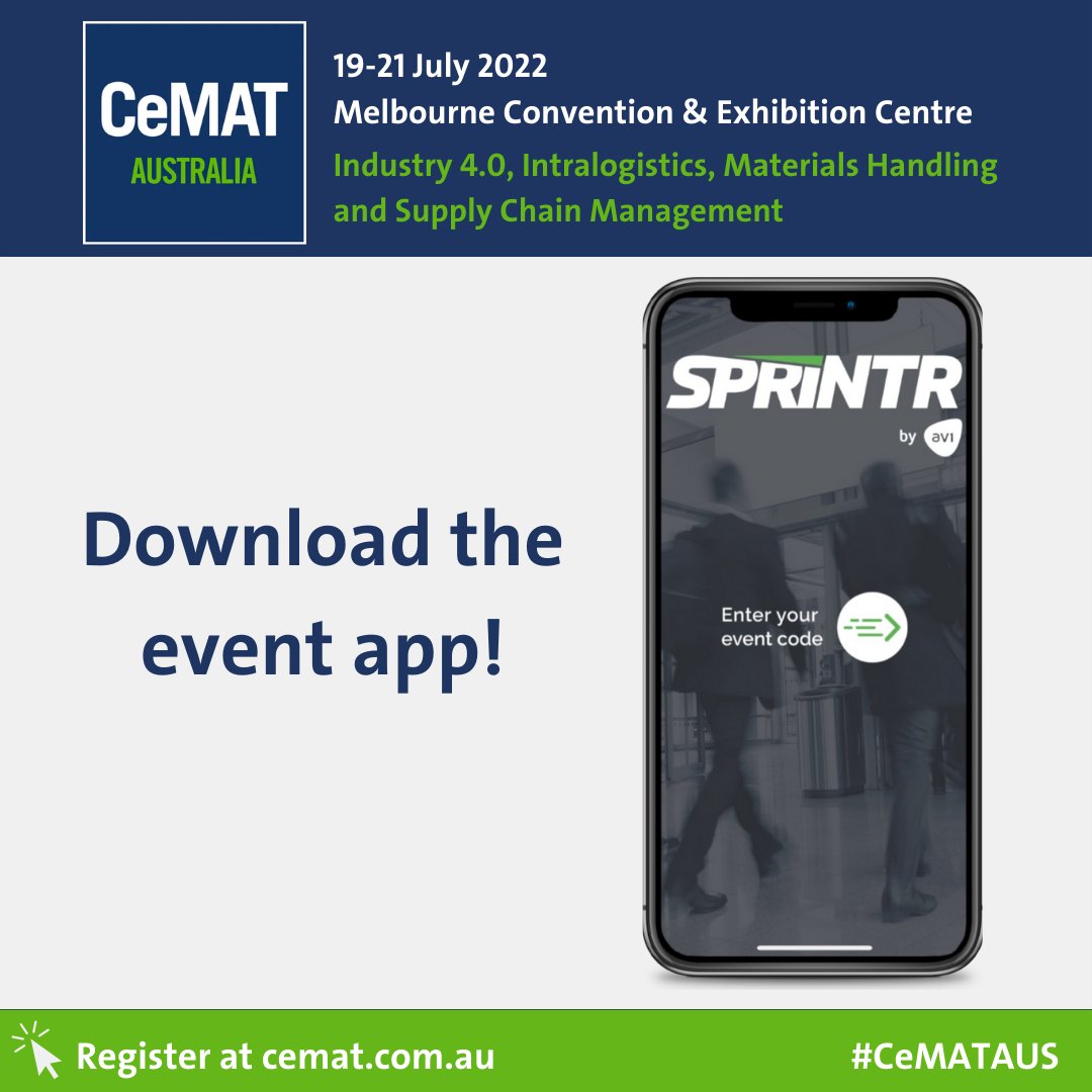 CeMAT 2022 is now open!
 
Don't forget to download the event app 'Sprintr by AV1'. 
Download the event app 'Sprintr by AV1'.
bit.ly/3uWLTkp

#cemataus #supplychain #expo #conference