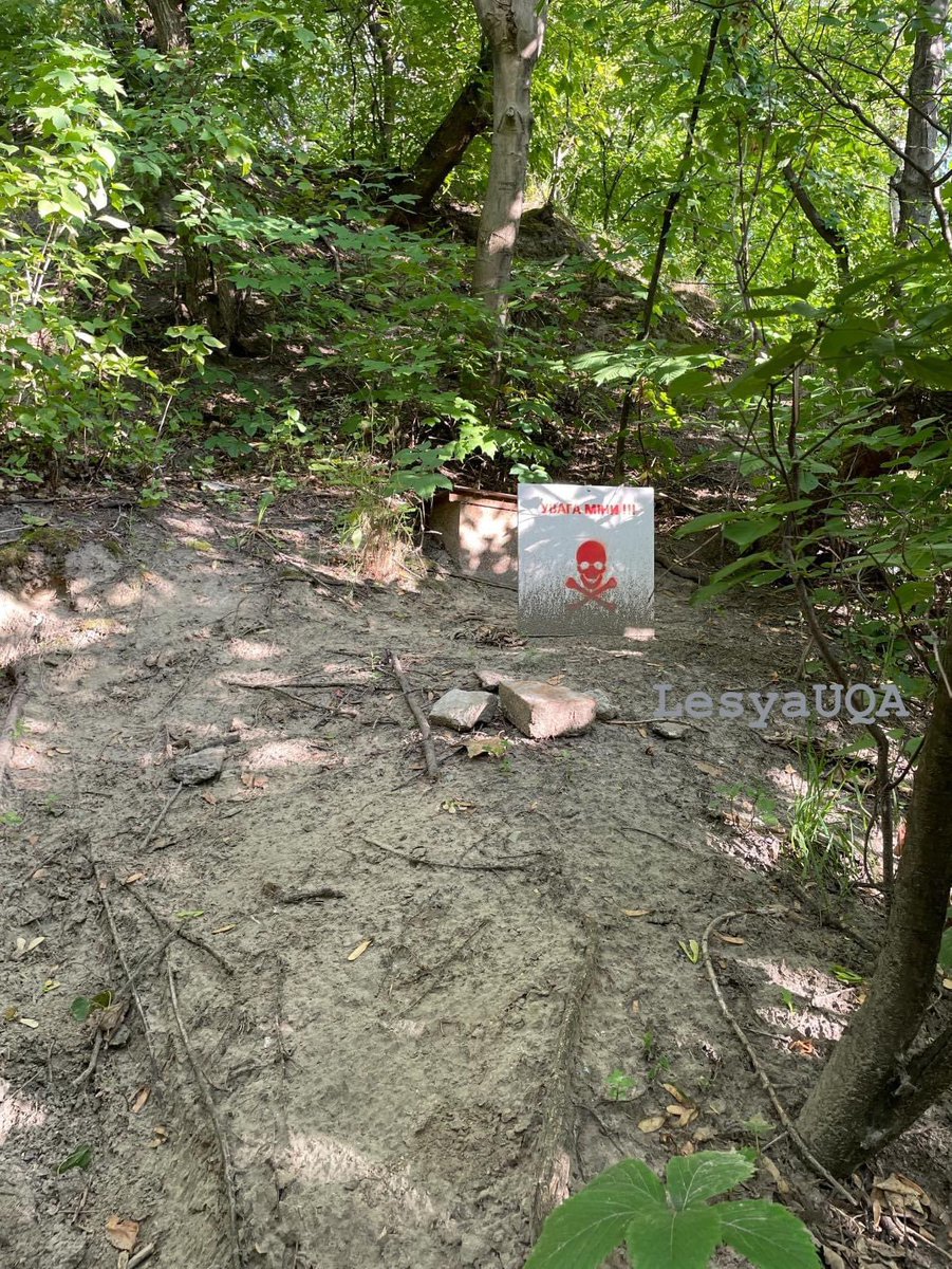 Less than 1 km from our house… our favourite place for walking.. The text on the sign Attention, the mines