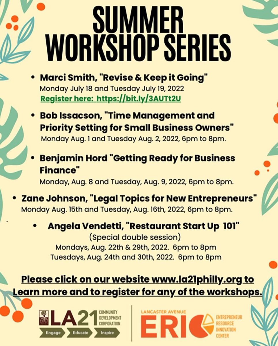 Marci Smith leads "Revise &amp; Keep It Going" a thoughtful introduction to practices that encourage resilience and develop an entrepreneur's mindset.

Register for tonight's workshop:
bit.ly/3AUTt2U

Monday 7/18th &amp; Tuesday 7/19th
6:30pm to 7:30pm