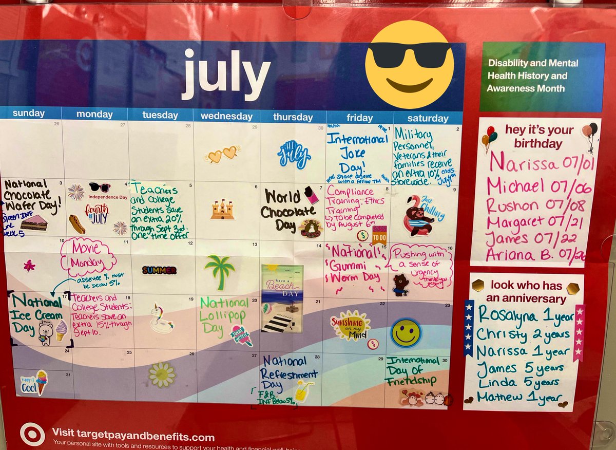 LeslieTGT's tweet photo. Summer is here! Lots of birthdays and anniversaries for the month of #July! #FFFCalendar #Target #TargetCalendar https://t.co/sPG5aBxNY1