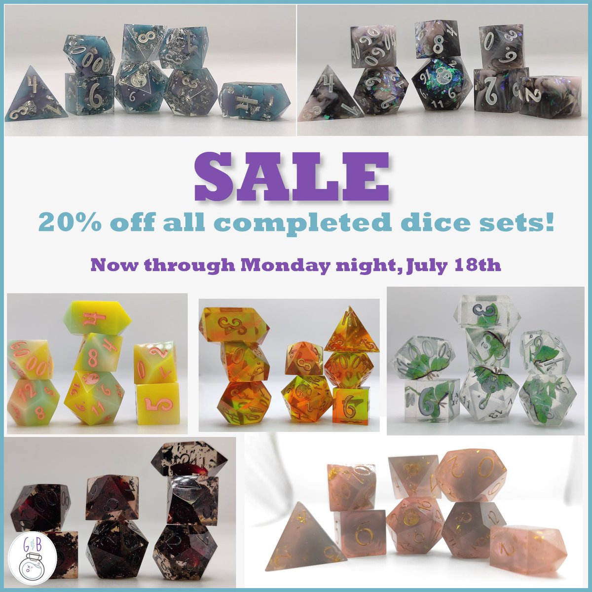 goblinandbees's tweet photo. We want to clear out our Etsy store to make way for some changes - this means 20% off all remaining completed dice sets! https://t.co/x4grmjEK9f 

#dice #handmadedice #dnddice #dnd #ttrpg #etsysale #dicesale https://t.co/E9WoSOXkY0
