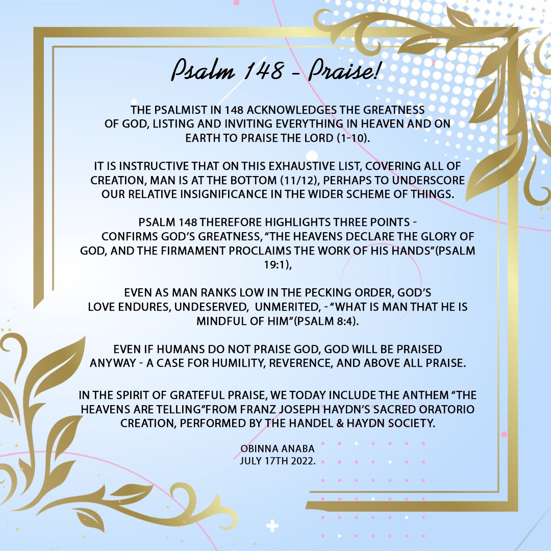 Chijianaba's tweet photo. Good morning and a happy Sunday. We continue the Psalms Count down with Psalm 148, including a special Hymn of Praise. My notes to the Psalm, the Chant and the hymn are available here and on my social media handles.

#psalms #psalmsofdavid #sunday #sundayservice #hym https://t.co/qmYTGqrzms
