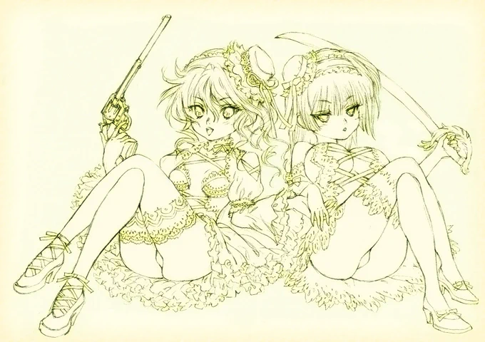 バントラインとサーベルの組み合わせ&ゴスロリ....良きですよね～#落書き #シャーペン #武器娘 #イラスト #シングルアクションアーミー #SAA#バントラインスペシャル #サーベル 