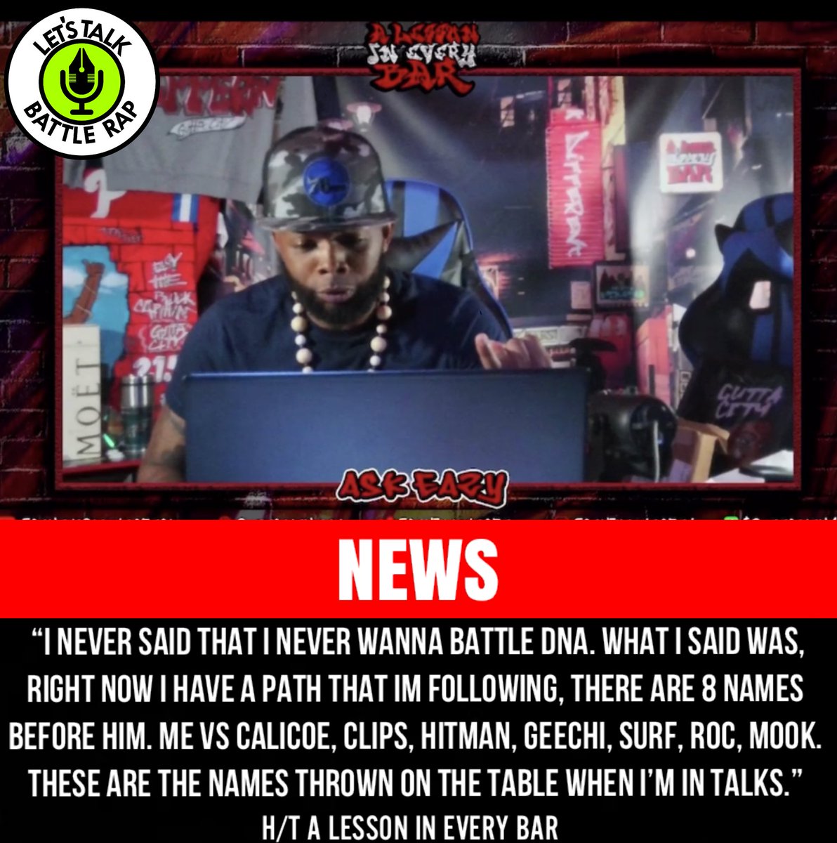 LTBRpodcast's tweet photo. Eazy The Block Captain sounds off! 😳🔥🌶 

He responds to DNA’s recent messages, addresses John John and also talks about who he wants to battle next. #LTBRNEWS https://t.co/FJ2Xu5OeZK