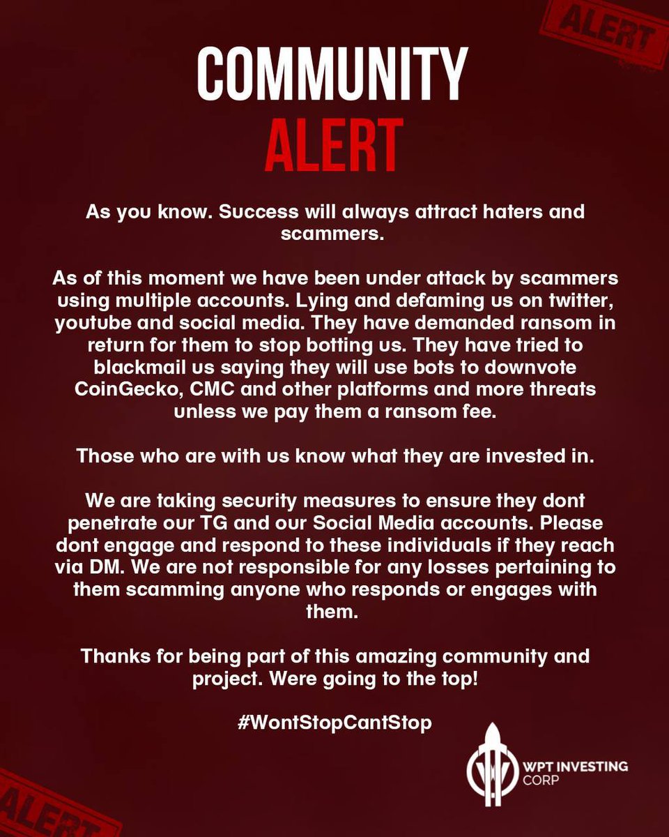 🚨ALERT FOR THE @WarPigsToken COMMUNITY🚨

$WPT

#WarPigsToken #Crypto #Bitcoin #NFT #NFTCommunity #NFTGiveaway #Ethereum 

<a href="/WPT_Investing/">WPT Investing Corp</a>